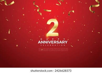 2nd Anniversary celebration, 2 Anniversary celebration On Red background for celebration event, festive illustration, Golden number 2 sparkling confetti, 2,3 