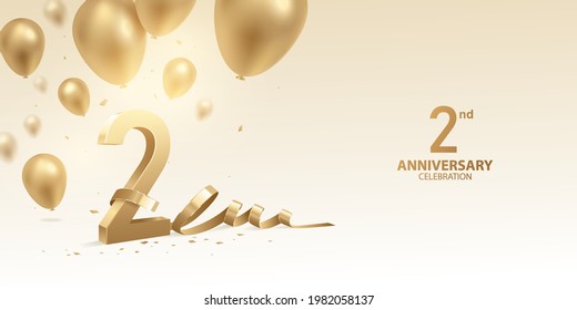 2nd Anniversary celebration background. 3D Golden numbers with bent ribbon, confetti and balloons.