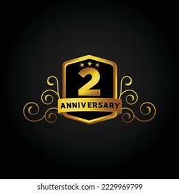 Fondo de la celebración del 2° aniversario. Ilustración vectorial, afiche de banner de saludo bonito y logotipo dorado con texto dorado y número de oro.