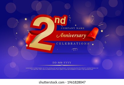 2nd Anniversary celebration. Celebrating 2 years logo with confetti in Blue Background. Golden number 2 with sparkling confetti. 