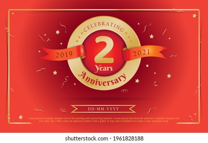 2nd Anniversary celebration. Celebrating 2 years logo with confetti in Red Background. Golden number 2 with sparkling confetti. 