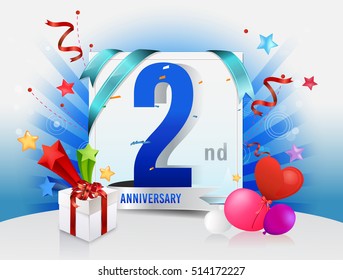 2nd anniversary celebration with colorful confetti and balloon with shiny blue background