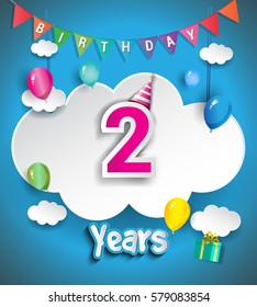 2nd Anniversary Celebration Design, with clouds and balloons, confetti. Vector template elements for your, two years birthday celebration party.