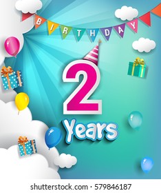 2nd Anniversary Celebration Design, with clouds and balloons. using Paper Art Design Style, Vector template elements for your, two years birthday celebration party.