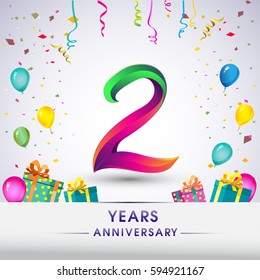 2nd Anniversary Celebration Design, with gift box, balloons and confetti, Colorful Vector template elements for your, two years birthday celebration party.