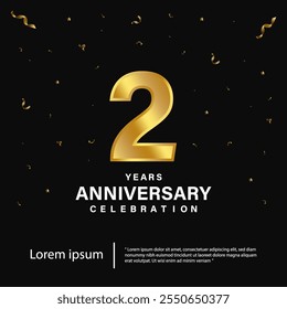 2nd Anniversary celebration emblem. Gold anniversary logo on Black background. Happy anniversary banner template design for web, poster, flyers, greeting card and invitation card.