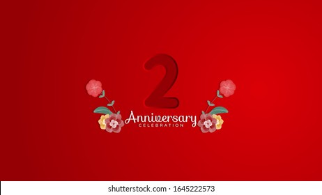 Celebración del 2do Aniversario. Número de empotrador con fondo rojo degradado y decoración de flores. Diseño de fondo moderno y elegante, vector EPS 10. Puede ser usado para la compañía o la boda.