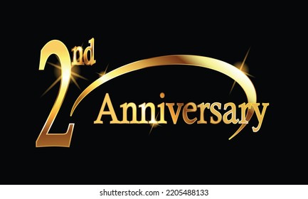 Celebración del 2° Aniversario. Banner de lujo de oro de la celebración del 2do Aniversario. Segunda tarjeta de celebración. Pasos de aniversario del vector 10