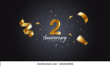 2nd anniversary celebration Gold numbers with dotted halftone, shadow and sparkling confetti. modern elegant design with black background. for wedding party event decoration. Editable vector EPS 10