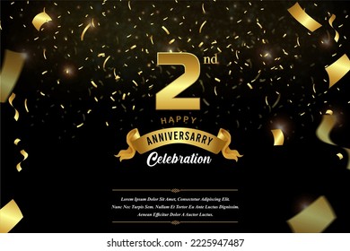 2nd anniversary celebration Gold numbers with dotted halftone, shadow and sparkling confetti. modern elegant design with black background. for wedding party event decoration.