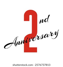 2nd anniversary celebration label, two years jubilee card vector template, happy birthday sign, event invitation, social media congratulation post template