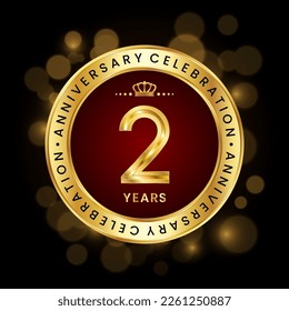 2nd Anniversary Celebration. logo design with golden number and ring for birthday celebration event, invitation, greeting card, banner, poster, flyer, brochure, book cover. Logo Vector Template