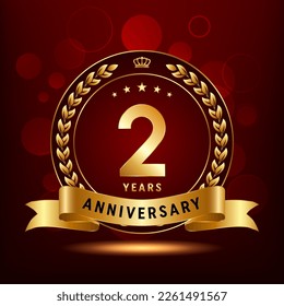 2nd Anniversary Celebration. Anniversary logo design with golden color laurel wreath for birthday celebration event, invitation, greeting card, banner, poster, flyer, flyer. Logo Vector Template
