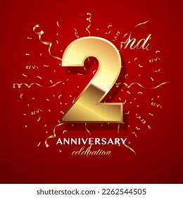 2nd Anniversary Celebration. logo design with golden numbers and text for birthday celebration event, invitation, wedding, greeting card, banner, poster, flyer, brochure. Logo Vector Template