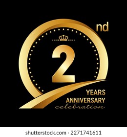 2nd Anniversary Celebration Logo design with golden ring and crown for anniversary celebration event, invitation, wedding, greeting card, banner, poster, flyer, brochure. Logo Vector Template