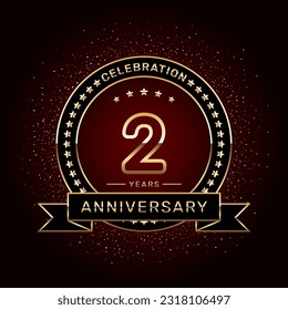 2nd anniversary celebration logo design with a golden ring and ribbon, vector template