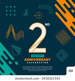 2nd anniversary celebration logotype with colorful abstract geometric shape y2k background.