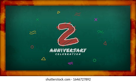 Celebración del 2do Aniversario. Desenfadado número de Chalk con marco y decoración geométrica sobre fondo de tiza verde. Vector EPS 10 de diseño de estilo antiguo. Puede ser usado para la compañía o la boda.