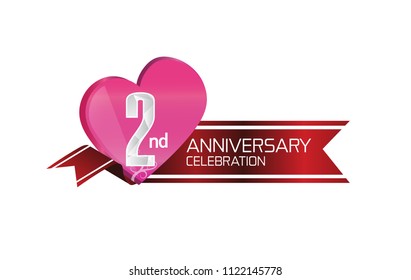 2nd anniversary celebration with pink heart and red ribbon isolated on white background