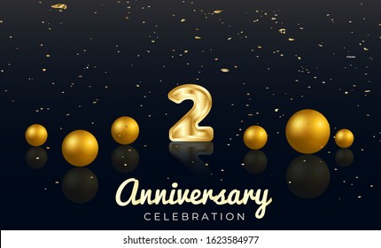 2nd Anniversary celebration Vector background by using two colors in the design between gold and red, Golden number 2 with Realistic 3d sign & gold Sphere for Birthday or wedding party 