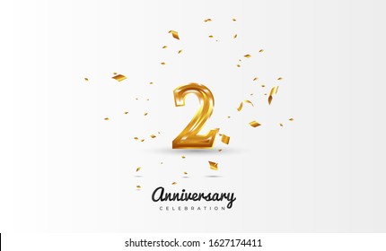 2nd Anniversary celebration Vector background by using two colors in the design between gold and white, Golden number 2 with sparkling confetti Realistic gold 3d sign. Birthday or wedding party