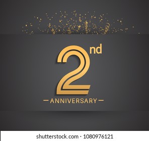 2nd anniversary design for company celebration event with golden multiple line and confetti isolated on dark background 