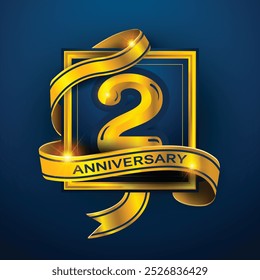 Diseño del segundo aniversario de una cinta dorada envuelta alrededor del número '2' sobre un fondo azul oscuro. Perfecto para celebrar hitos o promover eventos de aniversario con un lujo.