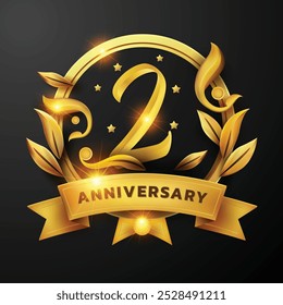 Diseño del segundo aniversario de una cinta dorada y una hoja dorada Decorado alrededor del número '2' sobre un fondo negro. Perfecto para celebrar hitos o promover eventos de aniversario con un lujo.