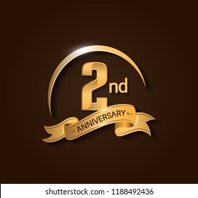2nd Anniversary design logotype. Anniversary logo design with swoosh and elegance golden ribbon. Vector template for use celebration, invitation card, and greeting card