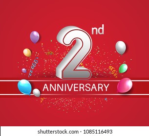 2nd anniversary design red background with balloons and confetti for company celebration event 