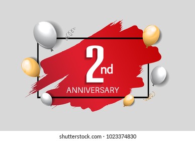 2nd anniversary design with red brush, balloons, and square isolated on white background for celebration