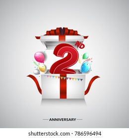 2nd anniversary design with red number inside gift box isolated on white background for celebration event