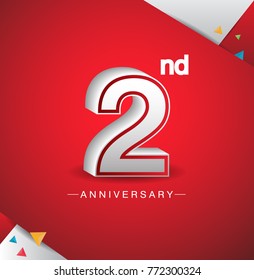 2nd anniversary design with white number  on red background and confetti for celebration