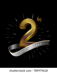 2nd Anniversary fireworks and ahiny ribbon. gold anniversary logo on black background
