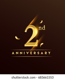 2nd anniversary glowing logotype with confetti golden colored isolated on dark background, vector design for greeting card and invitation card.
