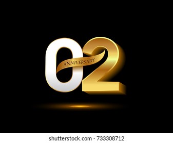 2nd anniversary glowing logotype with ribbon golden colored isolated on dark background, vector design for greeting card and invitation card.