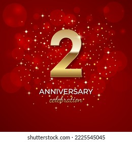 2nd Anniversary. Golden number 2 with sparkling confetti and glitters for celebration events, weddings, invitations and greeting cards. Realistic 3d sign. Vector festive illustration