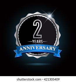 2nd anniversary logo with blue ribbon and silver shiny badge, vector design for birthday celebration
