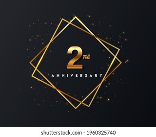 Logotipo de 2do aniversario con confeti y marco dorado aislado en fondo negro, diseño vectorial para tarjeta de felicitación y tarjeta de invitación.