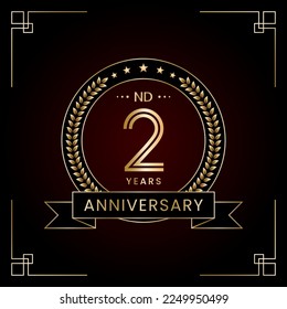 Concepto de diseño con logo de 2º Aniversario con corona de laurel para la celebración del cumpleaños. Diseño de arte de línea, plantilla de vectores de logotipos