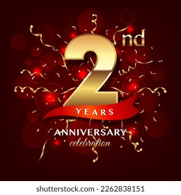 2nd Anniversary logo design with golden number and red ribbon for anniversary celebration event, invitation, wedding, greeting card, banner, poster, flyer, brochure, book cover. Logo Vector Template