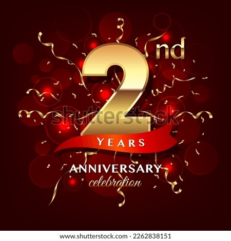 2nd Anniversary logo design with golden number and red ribbon for anniversary celebration event, invitation, wedding, greeting card, banner, poster, flyer, brochure, book cover. Logo Vector Template