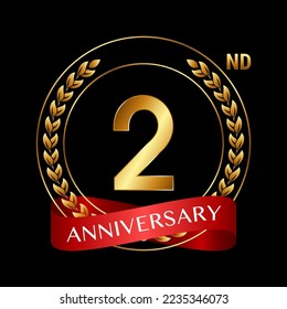 2nd Anniversary. Anniversary Logo Design with Laurel Wreath and Red Ribbon for Celebration Event, Wedding, Invitation, Greeting Card. Logo Vector Illustration