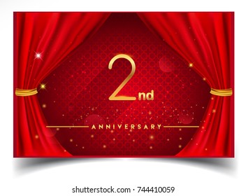 2nd Anniversary Logo with Glowing Golden Colors Isolated on Realistic Red Curtain, Vector Design for Greeting Card, Poster and Invitation Card