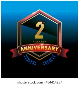 2nd anniversary logo with gold ring and red ribbon. Anniversary signs illustration. Gold anniversary logo design and illustration