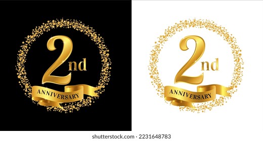 2nd Anniversary logo with golden color, ribbon, and circle sparkle, elegant anniversary logo vector design for greeting card