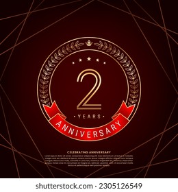 Logo del 2º aniversario con corona de laurel dorada y números de doble línea, diseño del logo para la celebración del aniversario, diseño vectorial de doble línea