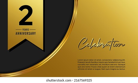 2nd anniversary logo with golden ribbon for booklets, leaflets, magazines, brochure posters, banners, web, invitations or greeting cards. Vector illustration.