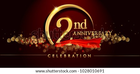 2nd anniversary logo with golden ring, confetti and red ribbon isolated on elegant black background, sparkle, vector design for greeting card and invitation card