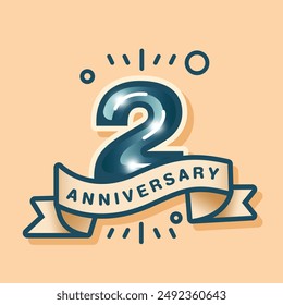 A 2nd anniversary logo on a cream-brown pastel background, designed in a flat style. The celebration features the number with a matching tone vector ribbon and simple background design elements.